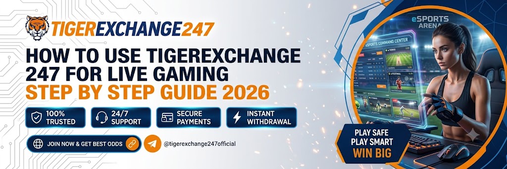 TigerExchange 247 for Live Gaming platform showing cricket betting, casino games, and real-time gaming features in 2026