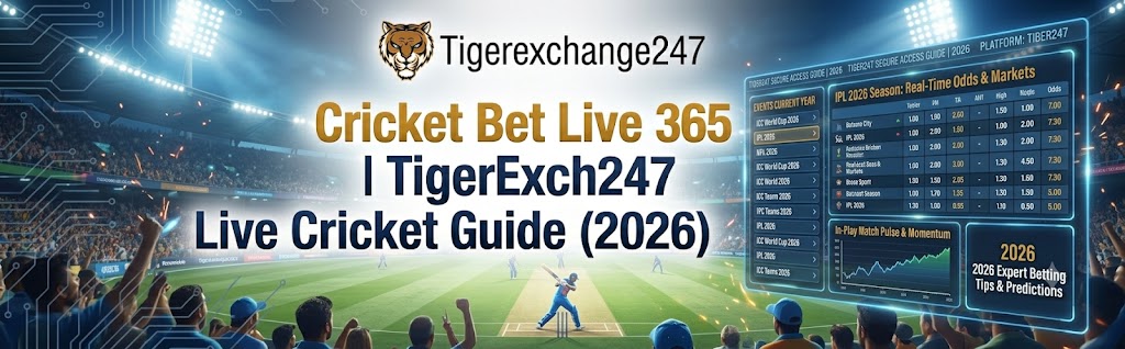Cricket Bet Live 365 guide featuring TigerExch247 with a smartphone, live cricket scoreboard, and cricket stadium background for 2026.