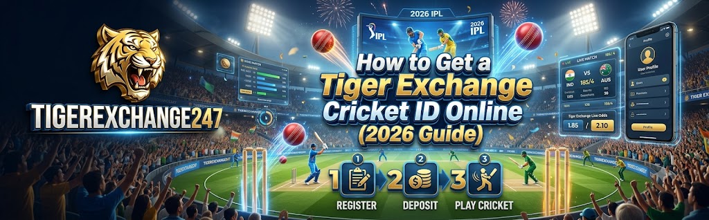 Tiger Exchange Cricket ID online registration guide showing a smartphone with account sign-up and cricket-themed graphics for 2026.