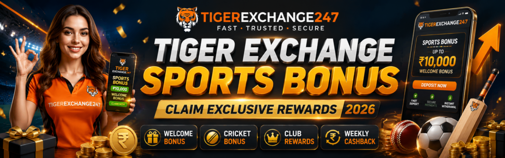 Tiger Exchange Sports Bonus 2026 offering exclusive rewards, welcome bonus, cashback promotions, and special sports bonus offers for eligible users.