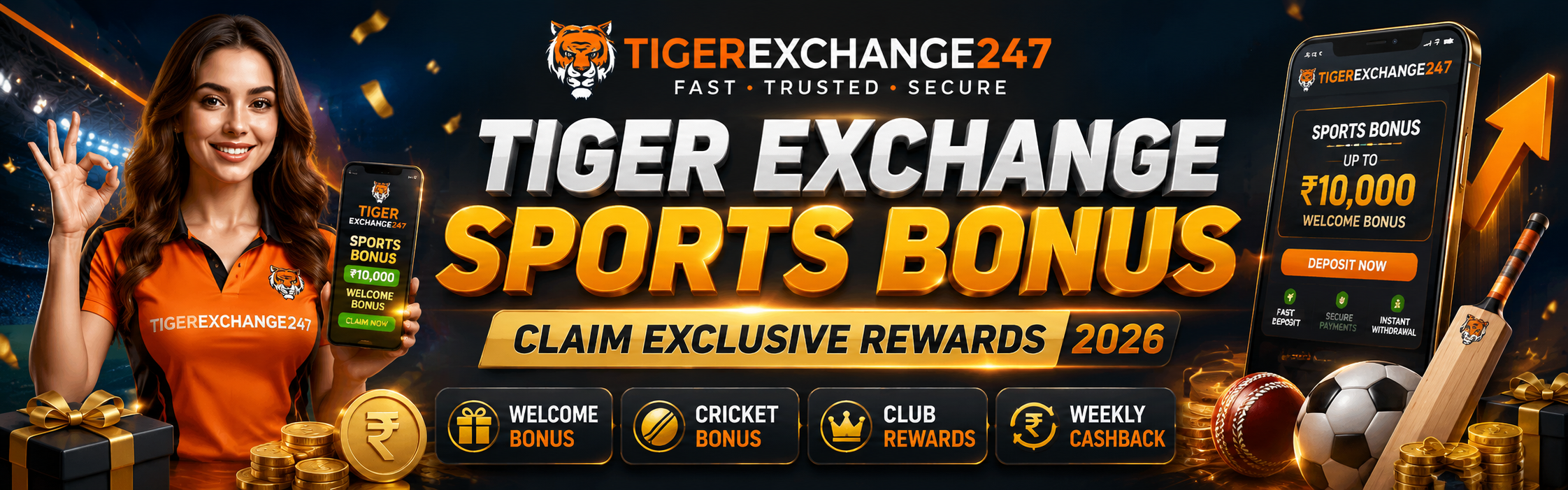 Tiger Exchange Sports Bonus 2026 offering exclusive rewards, welcome bonus, cashback promotions, and special sports bonus offers for eligible users.
