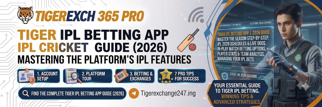 Tiger IPL Betting App guide featuring a smartphone with a cricket-themed interface and IPL-inspired graphics for 2026.