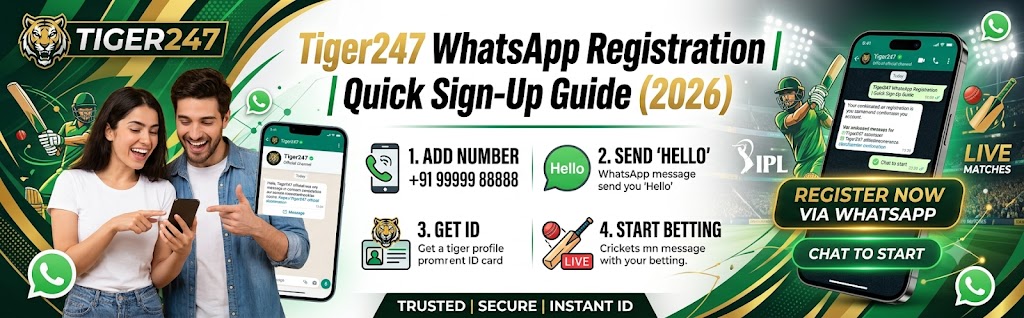 Tiger247 WhatsApp registration guide showing a smartphone with a WhatsApp chat screen and account sign-up illustration for 2026.