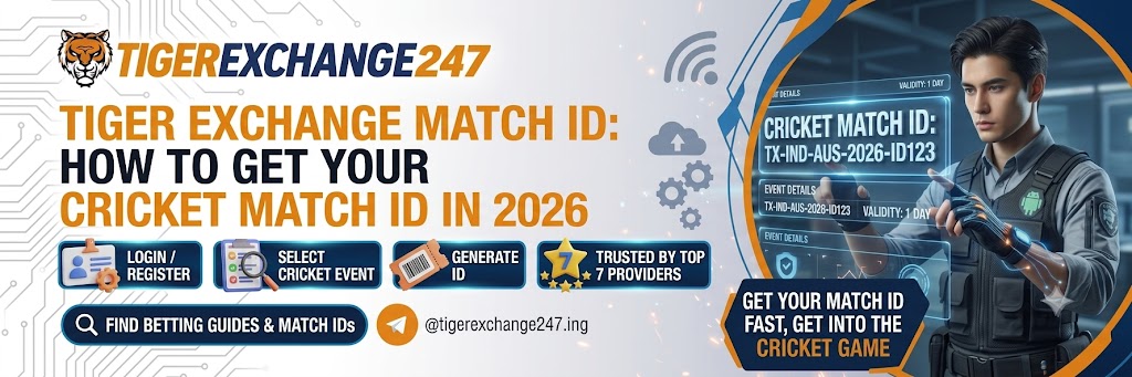 TigerExch247 Match ID registration guide showing a smartphone, cricket stadium, and cricket-themed graphics for 2026.