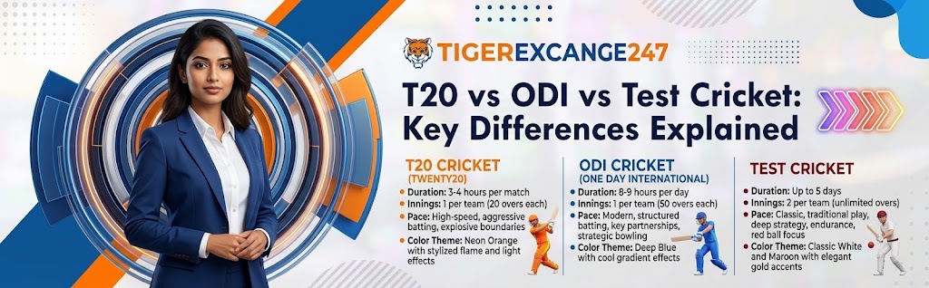 T20 vs ODI vs Test cricket comparison showing key differences in overs, duration and playing style